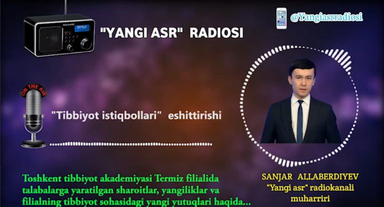 Read more about the article Surxondaryo teleradiokompaniyasi &laquo;Yangi asr&raquo;  radiosining &laquo;Tibbiyot istiqbollari&raquo; eshittirishidа  Toshkent tibbiyot akademiyasi Termiz filiali faoliyati haqida so’z yuritilgan.
